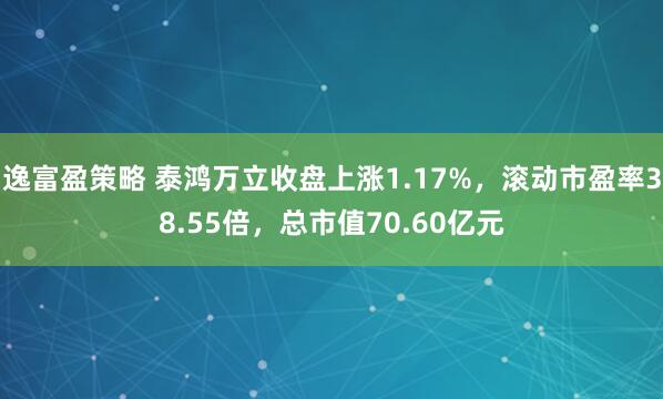 逸富盈策略 泰鸿万立收盘上涨1.17%，滚动市盈率38.55倍，总市值70.60亿元